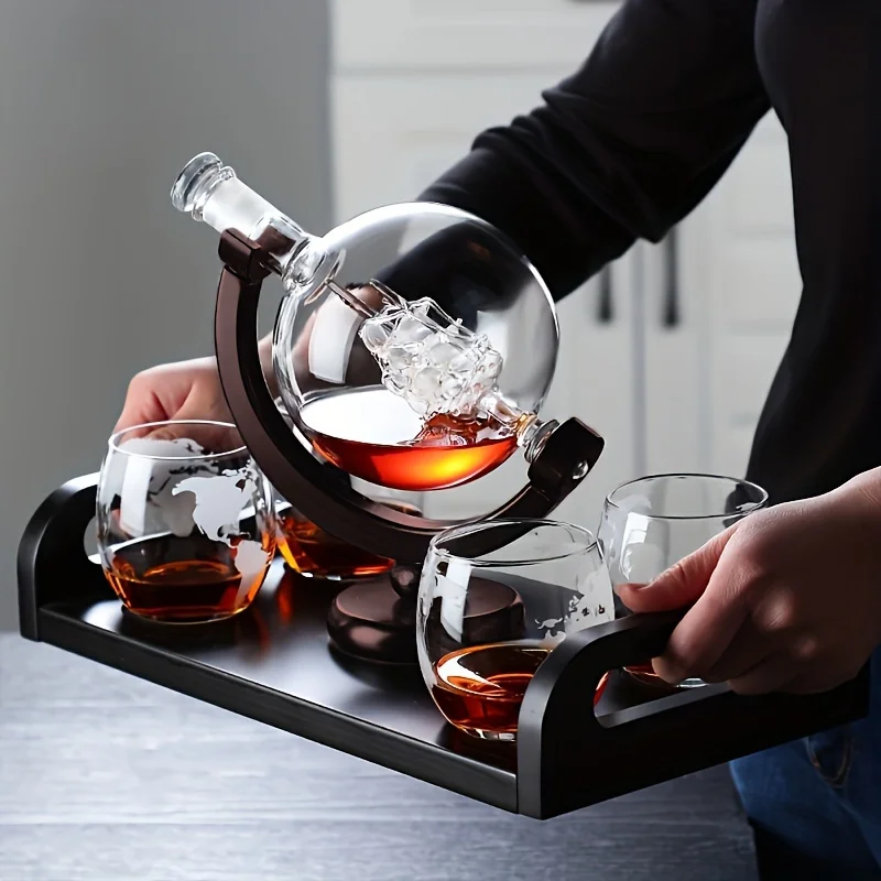 Decanter Aerator Set - Globusförmiger Whisky-Dekanter aus Borosilikatglas mit Holzsockel,