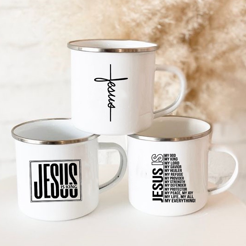 Wine Beer Best - Jesus ist Gott – bedruckte Emaille-Tassen,
